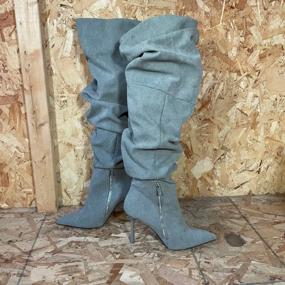 Zara Over The Knee Slouchy Boots Womens 38 Grey Canvas Pointed Toe Stiletto
